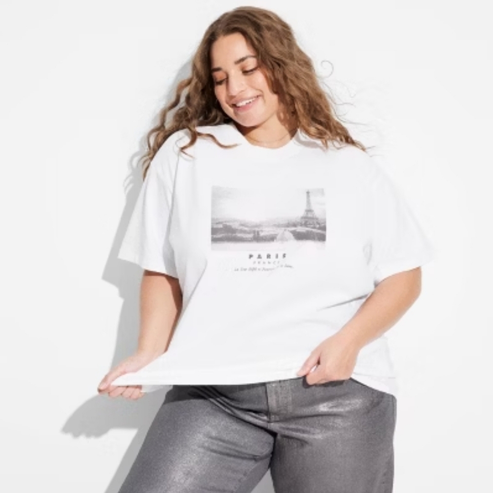 White graphic T-shirt from Wild Fable in an oversized fit. Eiffel Tower
